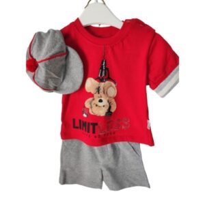 Compleu baiat, bumbac, tricou rosu imprimeu ursulet, pantalon scurt, sapca