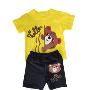 Compleu baiat, bumbac, imprimeu ursulet, tricou galben, pantaloni negri