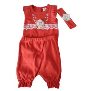 Compleu fete, 3 piese, body, pantaloni scurti si bentita, portocaliu cu broderie